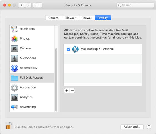 Allow Full Disk access to Mail Backup X under macOS preferences