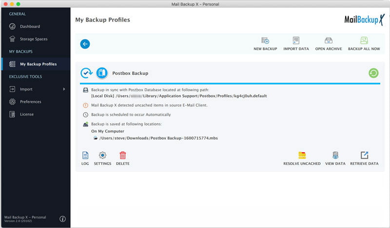 Mail Backup Profile Setup Completed for Postbox Mail Client