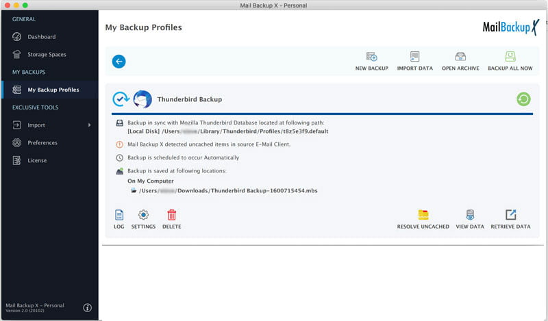 Setup completed for Thunderbird Mail Backup