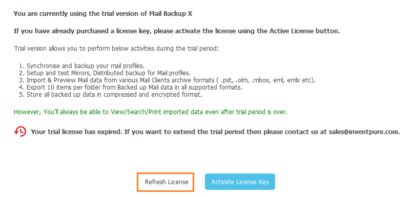 Refresh License Mail Backup X